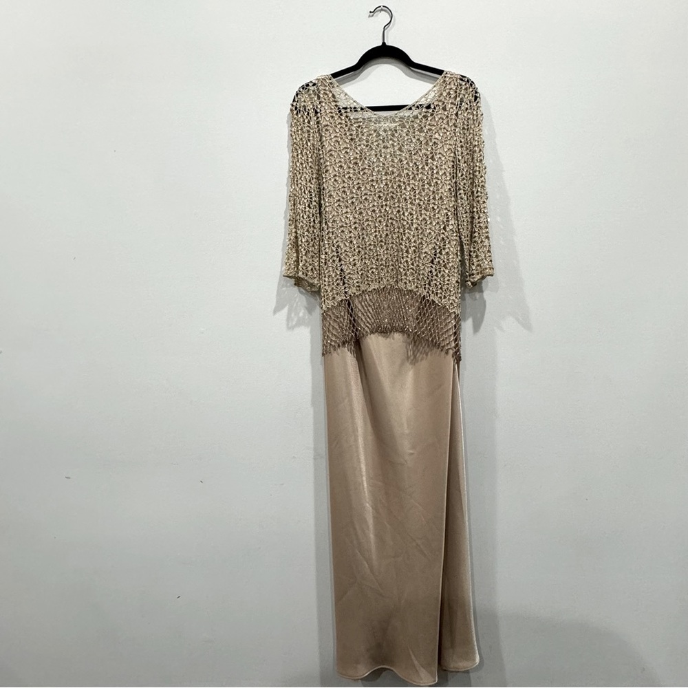 KM Collection by Mila Bell silk gold long dress prom wedding with crocheted top